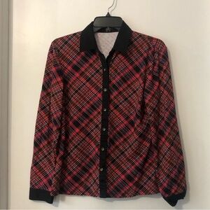 J. McLaughlin Red Plaid Black‎ Trim Button Down Long Sleeve Blouse Medium